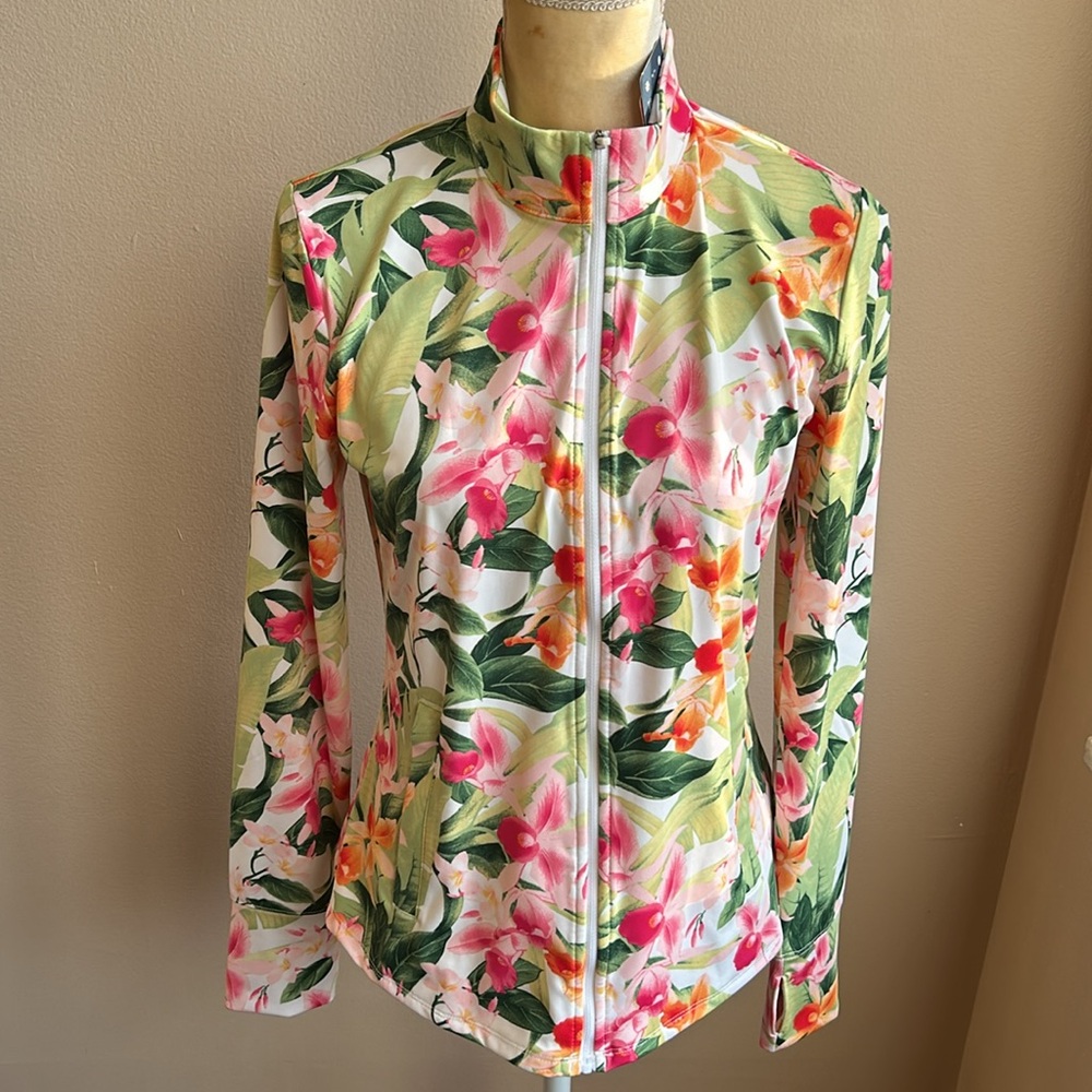 Tommy Bahama Women's Full-Zip UPF 50 Golf Beach Shirt Tropical Multi New SZ M - Picture 2 of 3